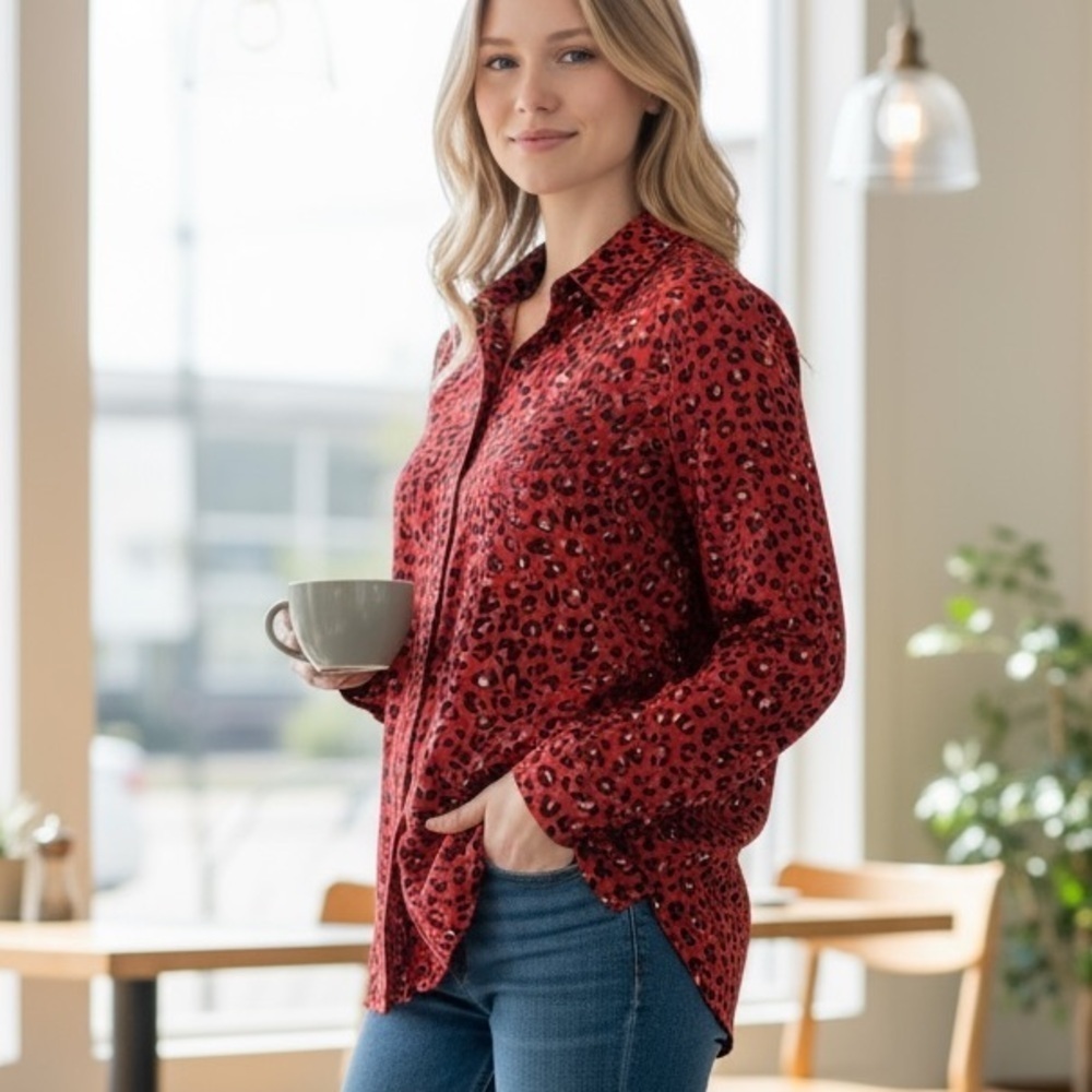 Esmara Red Leopard Button Up Shirt Animal Print High Low